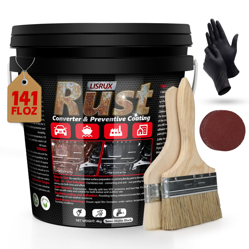 LISRUX rust converter 141oz bottle ready for rust prevention on metal surfaces.