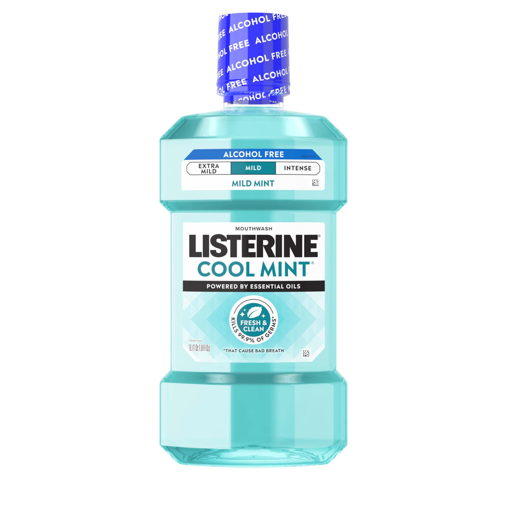 Listerine Cool Mint Alcohol-Free Mild bottle on shelf for everyday freshness.