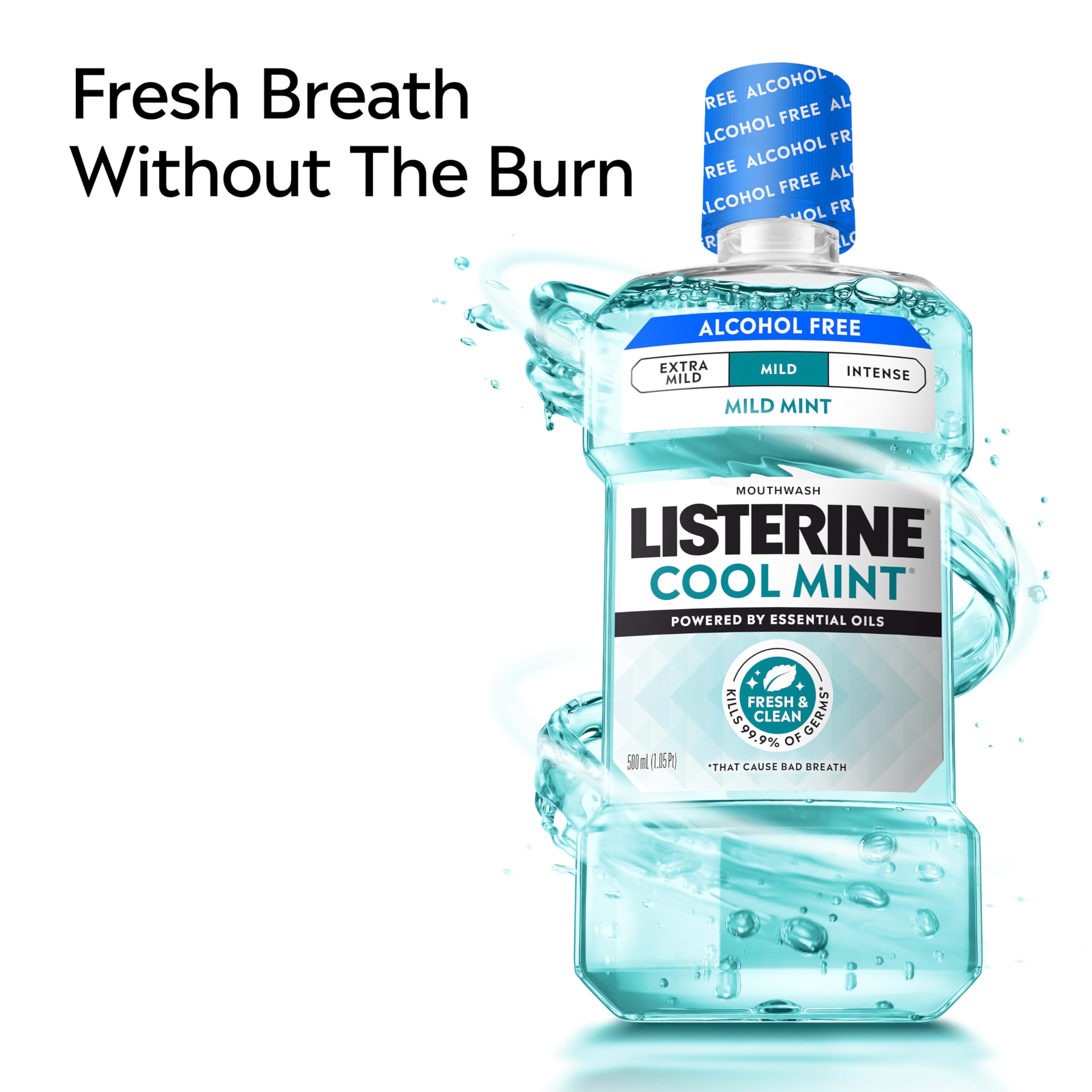 Listerine Cool Mint Alcohol-Free Mild cap closeup highlights simple use.