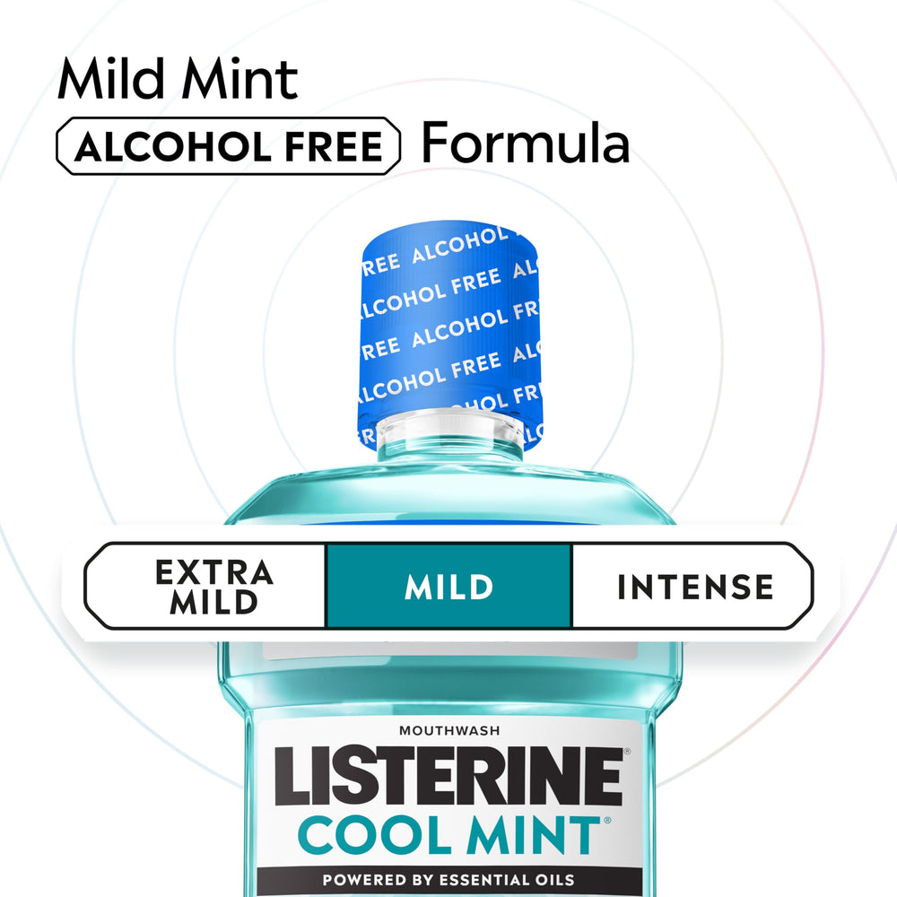 Listerine Cool Mint Alcohol-Free Mild label details emphasize ADA-approved care.