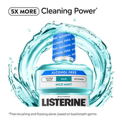 Listerine Cool Mint Alcohol-Free Mild mint splash suggests refreshing flavor.
