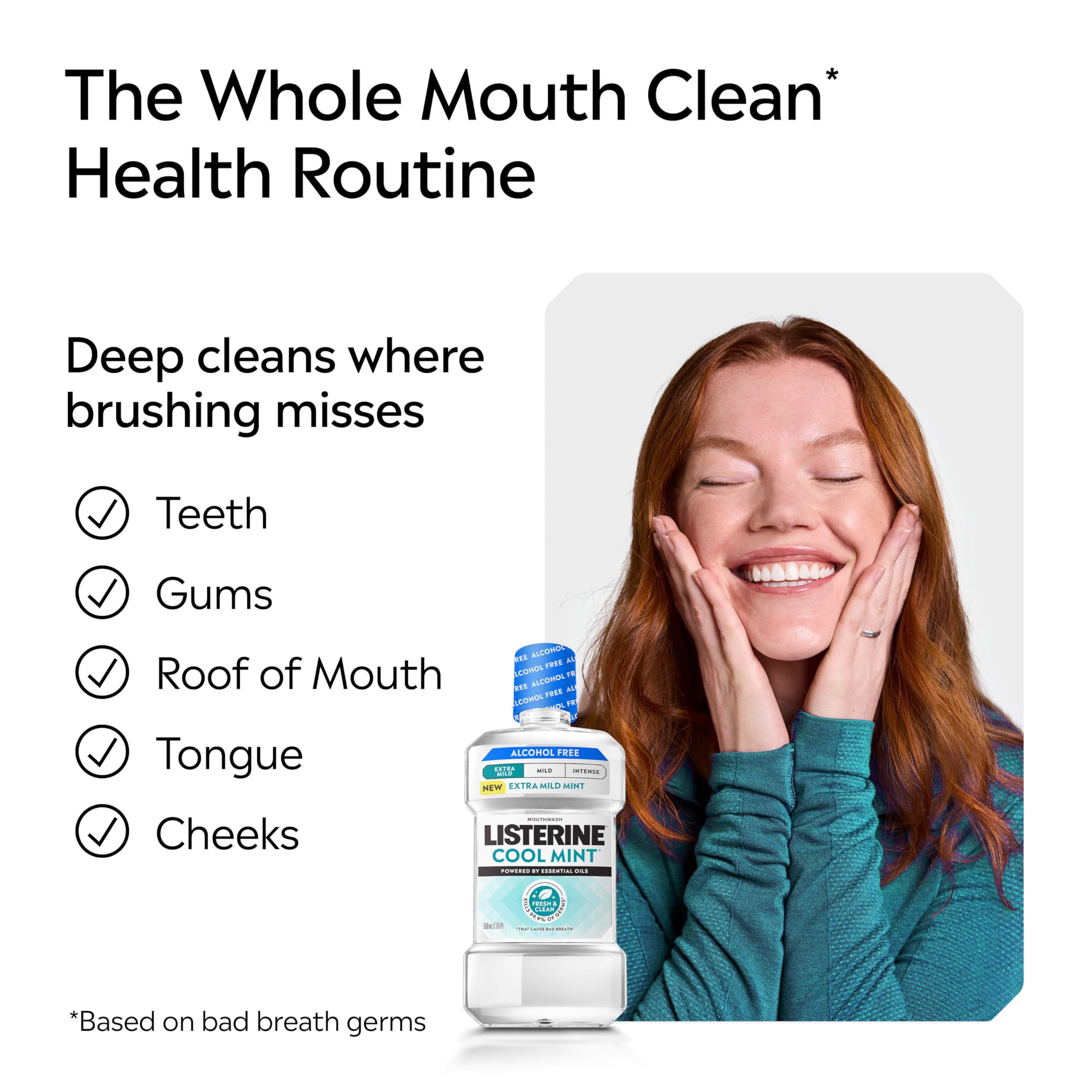 Listerine Essential Oils graphic communicates germ-fighting blend for fresh breath