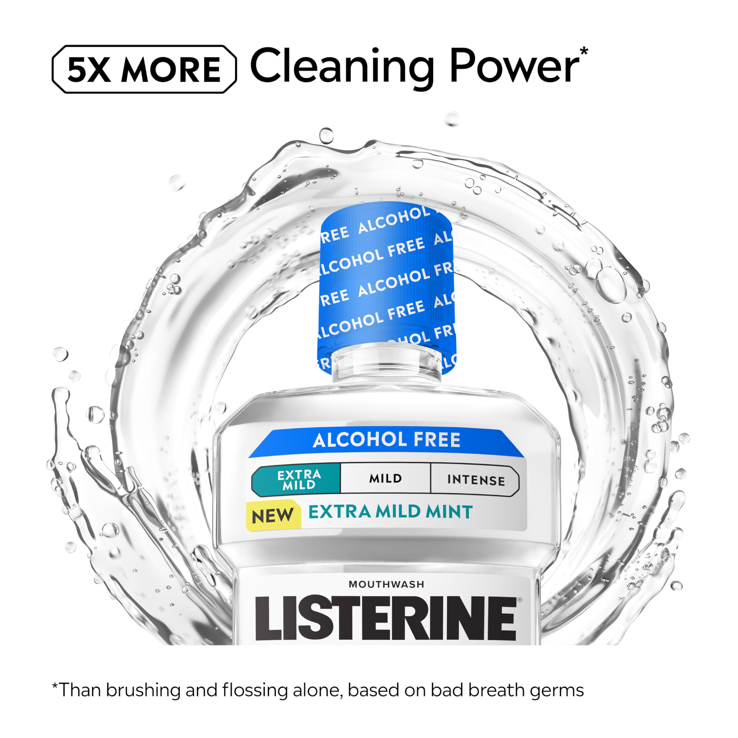 Listerine Extra Mild Alcohol-Free Label highlights no alcohol for gentler rinse