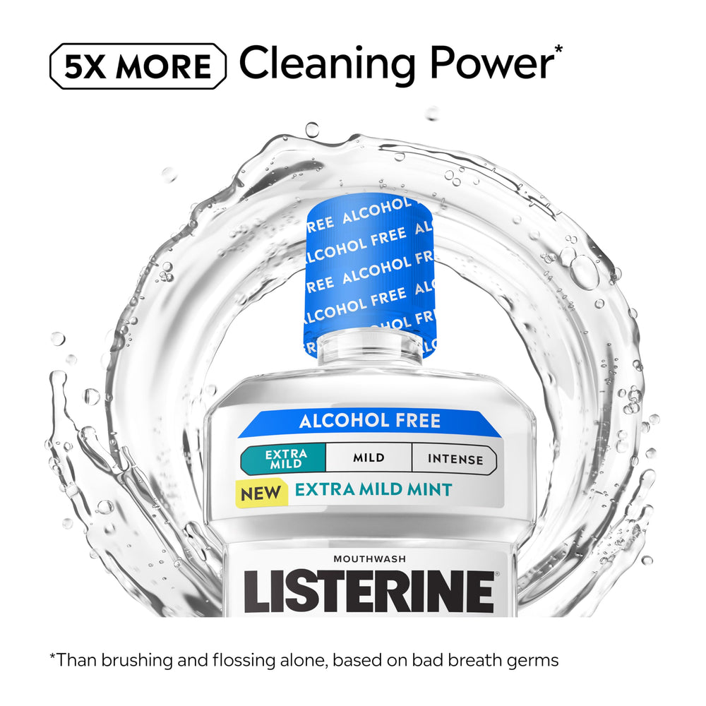 Listerine Extra Mild Alcohol-Free Label highlights no alcohol for gentler rinse