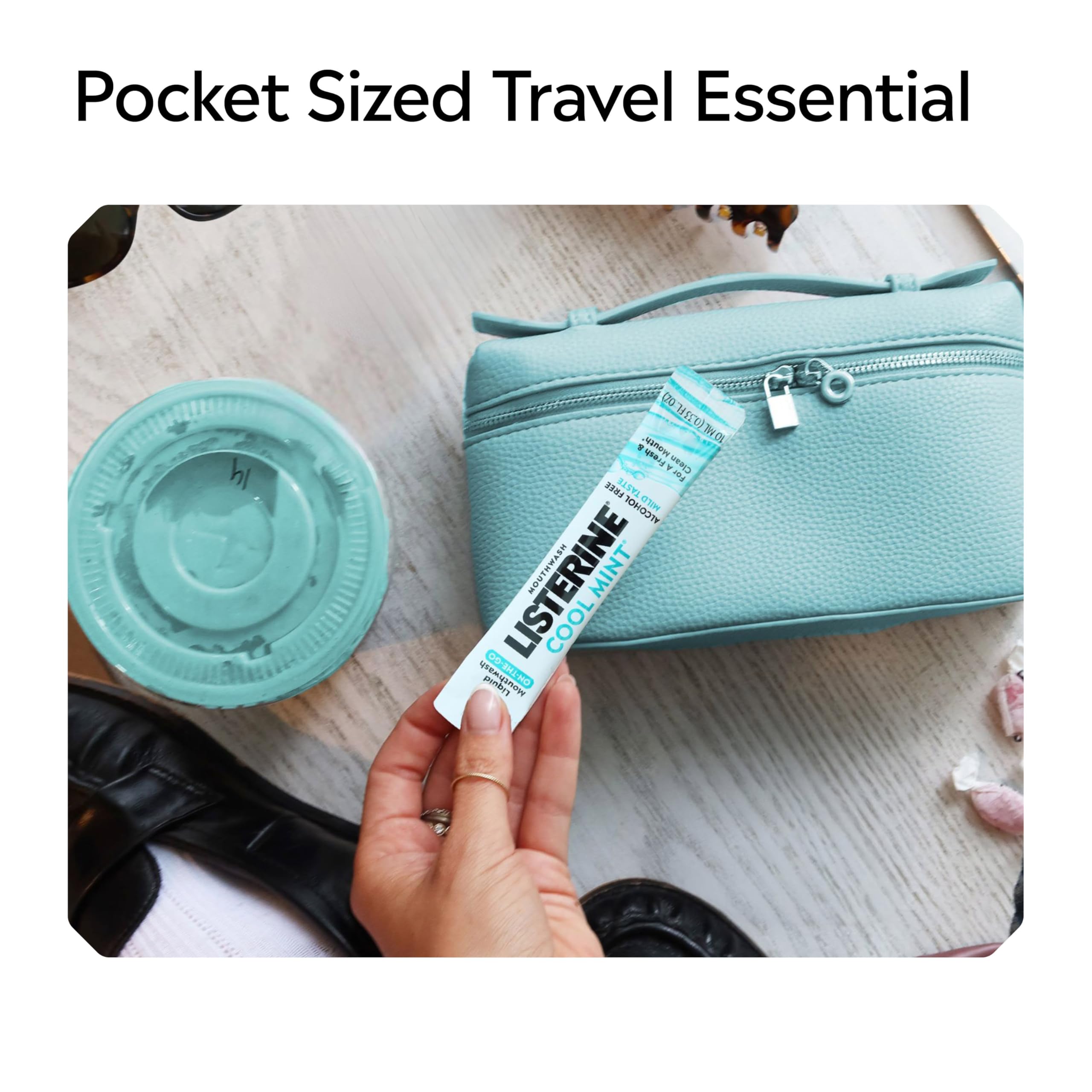 Listerine On-The-Go Pocket-Size Packets fit in bags for quick breaths.