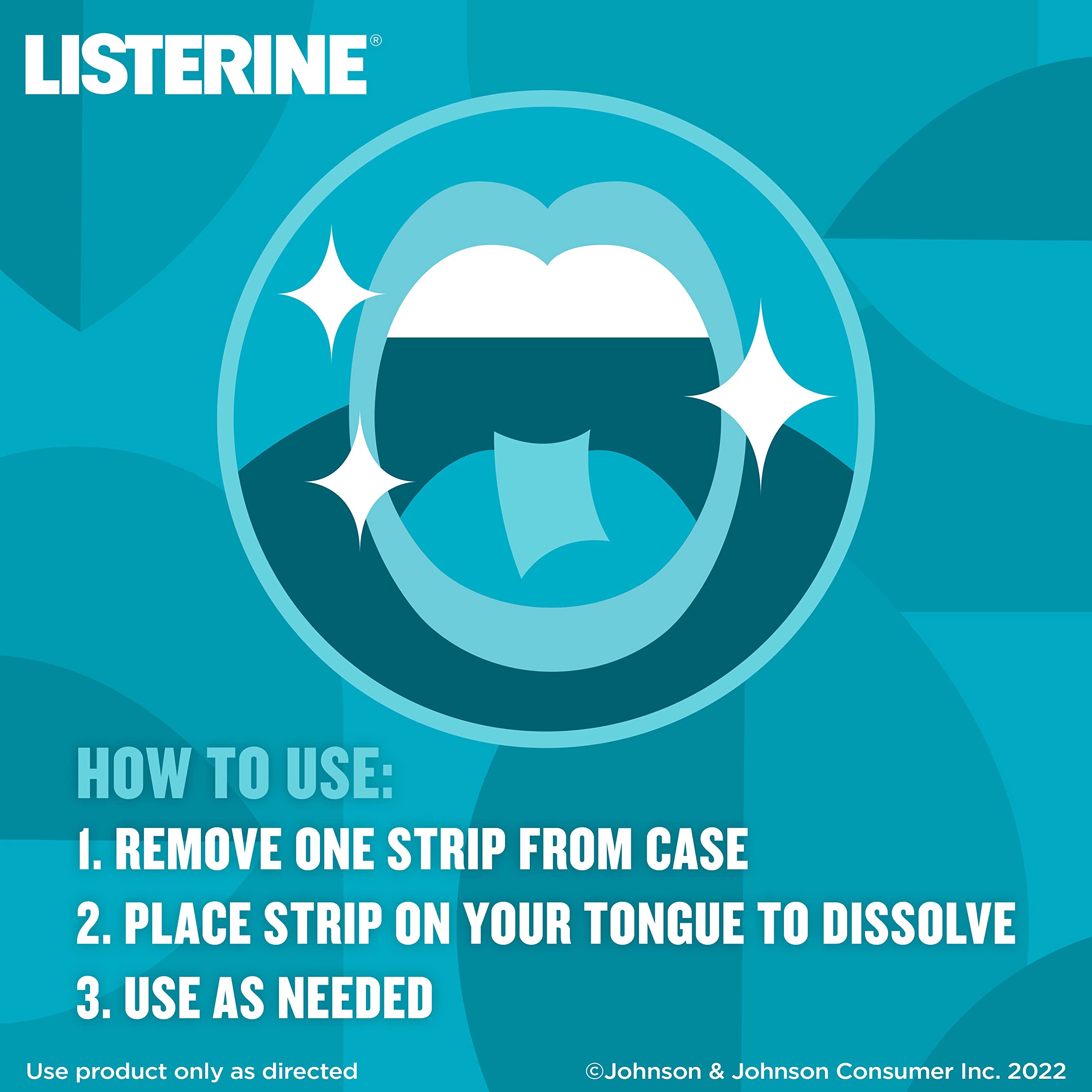 Listerine PocketPaks dissolving breath strip on tongue for instant minty freshness.