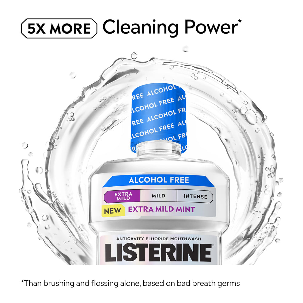 Listerine Total Care dye-free label signals a gentle rinse for daily use.