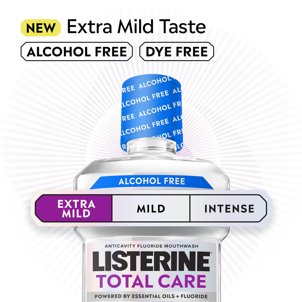 Listerine Total Care extra mild mint bottle-cap captures gentle, everyday mouthwash experience.