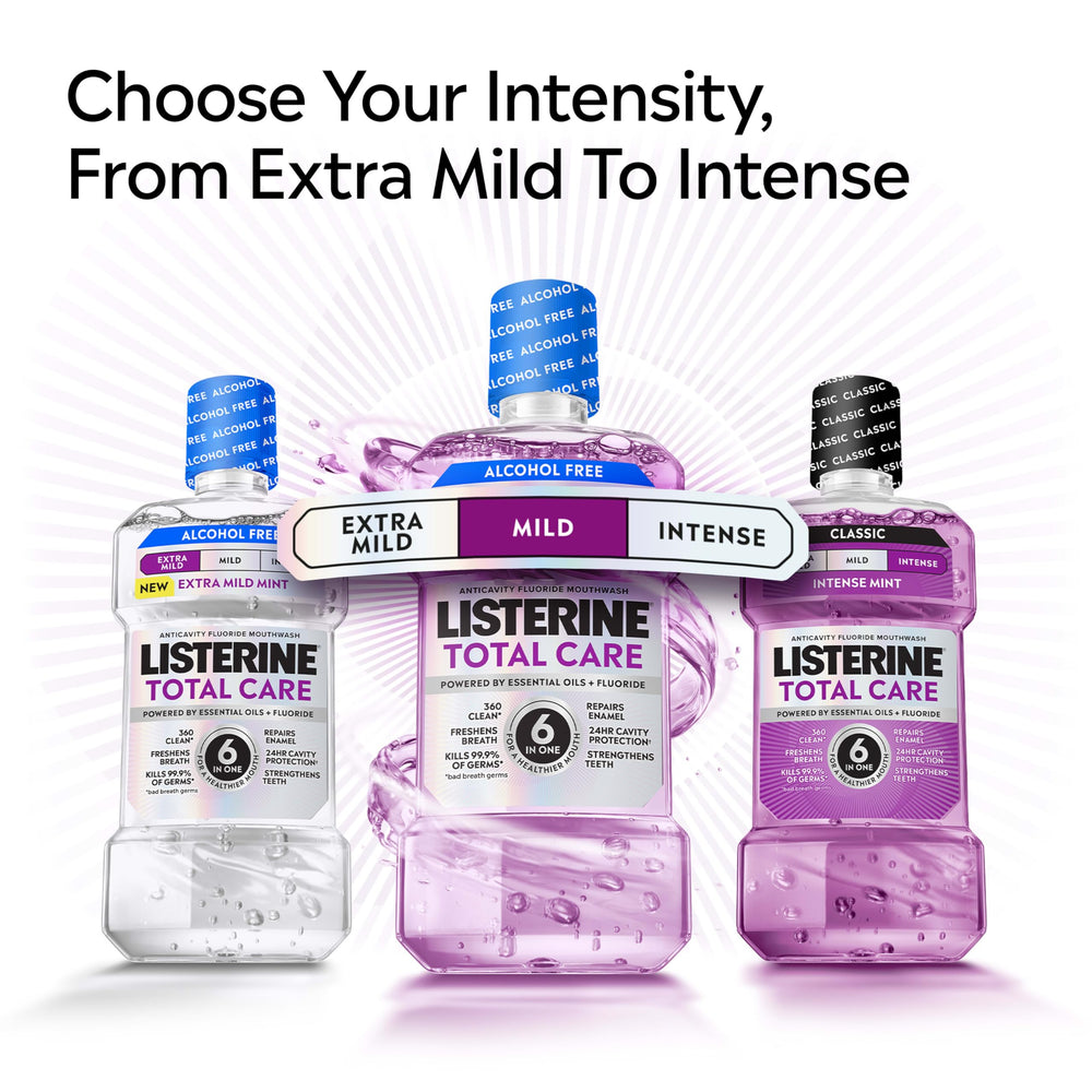 Listerine Total Care extra mild mint usage shows comfortable daily mouthwash experience.