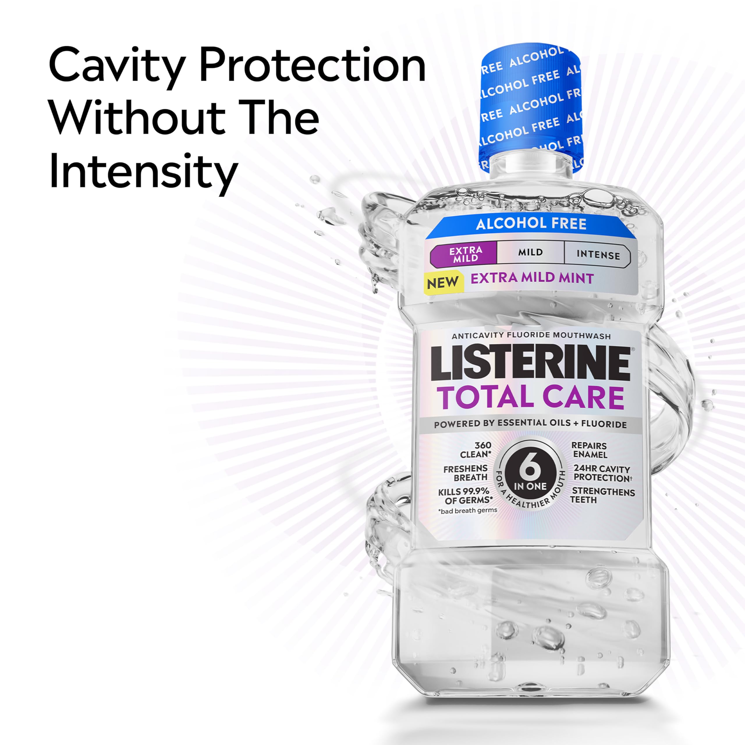 Listerine Total Care fluoride action bottle highlight shows enamel strengthening potential.