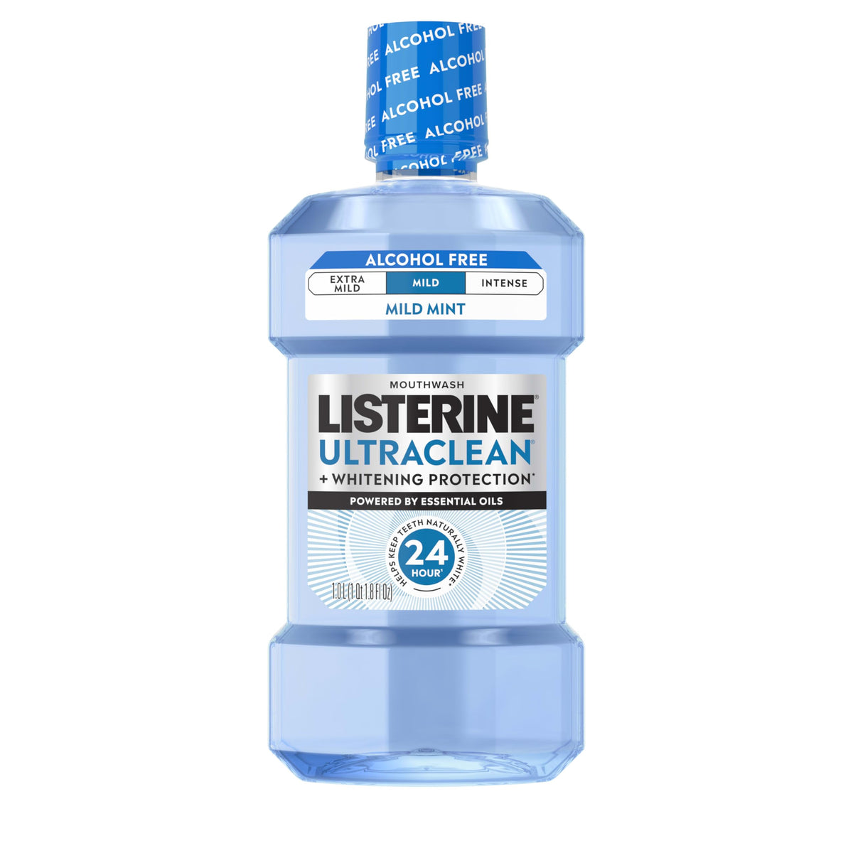Listerine Ultraclean alcohol-free mouthwash bottle for tartar control and fresh breath.