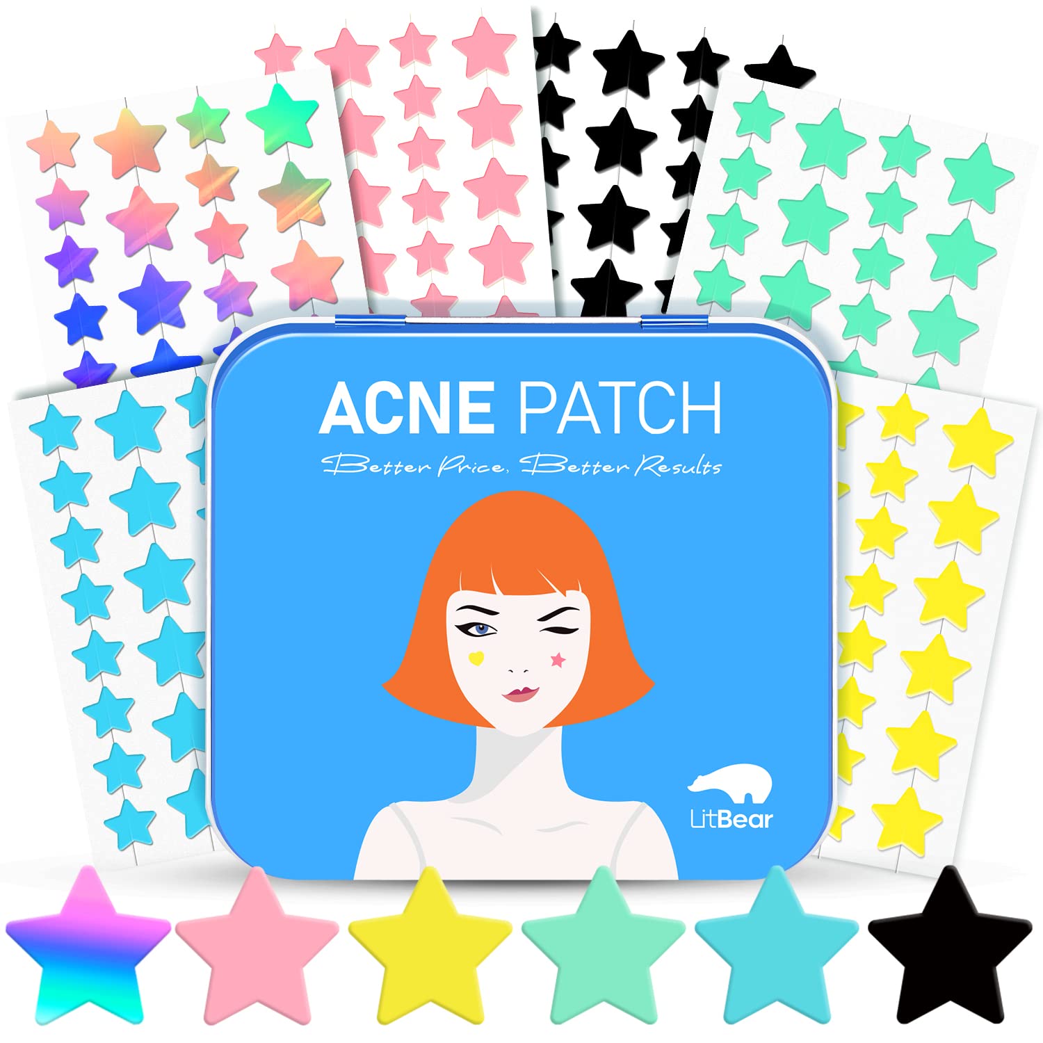 LitBear acne patch packaging shows 6 colors and sizes for versatile use.