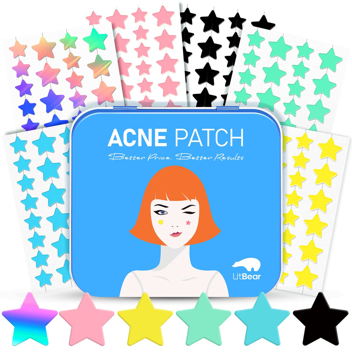 LitBear acne patch packaging shows 6 colors and sizes for versatile use.