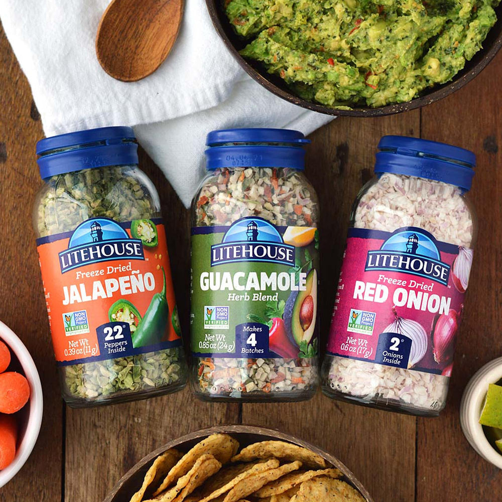 Litehouse Freeze Dried Red Onion on meat dish, convenient seasoning option.