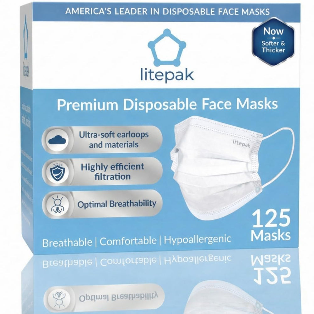 Litepak 125-pack disposable masks in a dispenser box for easy access.