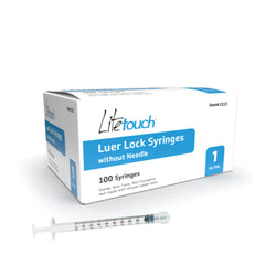 LITETOUCH 1ml Luer Lock syringe box front showing sterile packaging for clinics