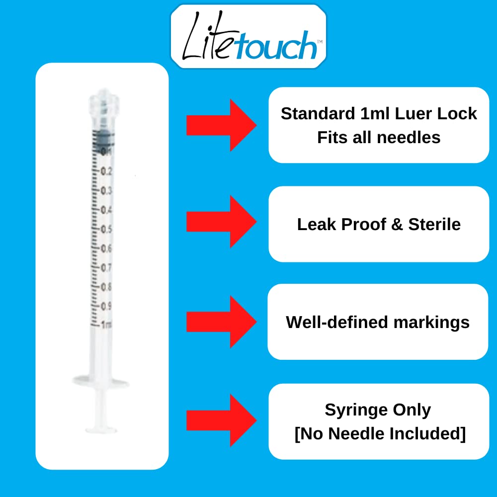 LITETOUCH 1ml Luer Lock box open with 100 individually sealed syringes