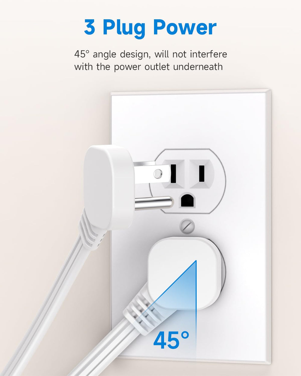LitStar flat plug 1ft white left-tilted design for tight outlets.