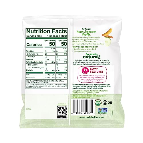 Little Bellies Apple Cinnamon Puffs individual packs, convenient for on-the-go feeding moments.