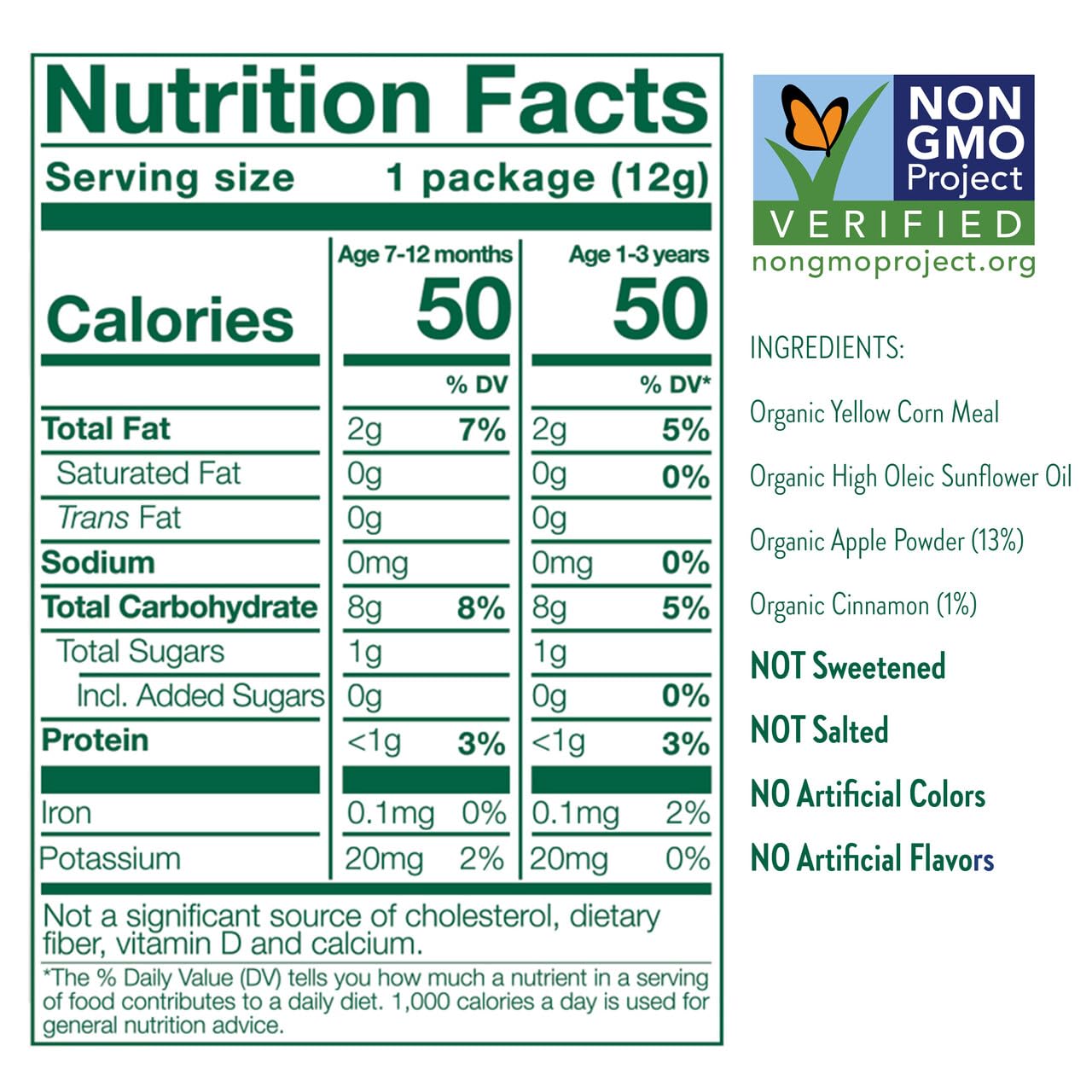 Ingredient panel for Little Bellies Apple Cinnamon Puffs highlighting organic and non-GMO ingredients.