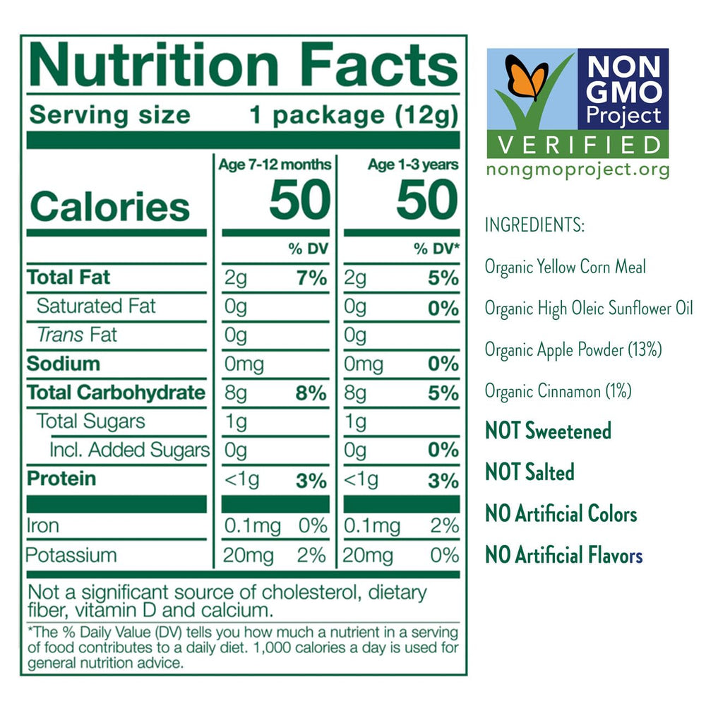 Ingredient panel for Little Bellies Apple Cinnamon Puffs highlighting organic and non-GMO ingredients.