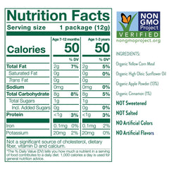 Ingredient panel for Little Bellies Apple Cinnamon Puffs highlighting organic and non-GMO ingredients.