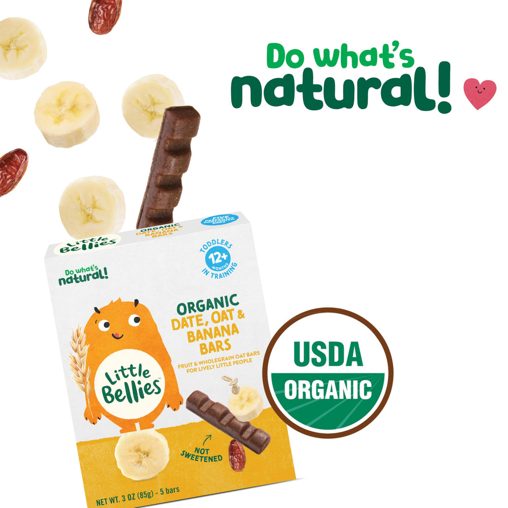 Little Bellies organic date-oat-banana bars ingredients highlight wholesome grains and fruit