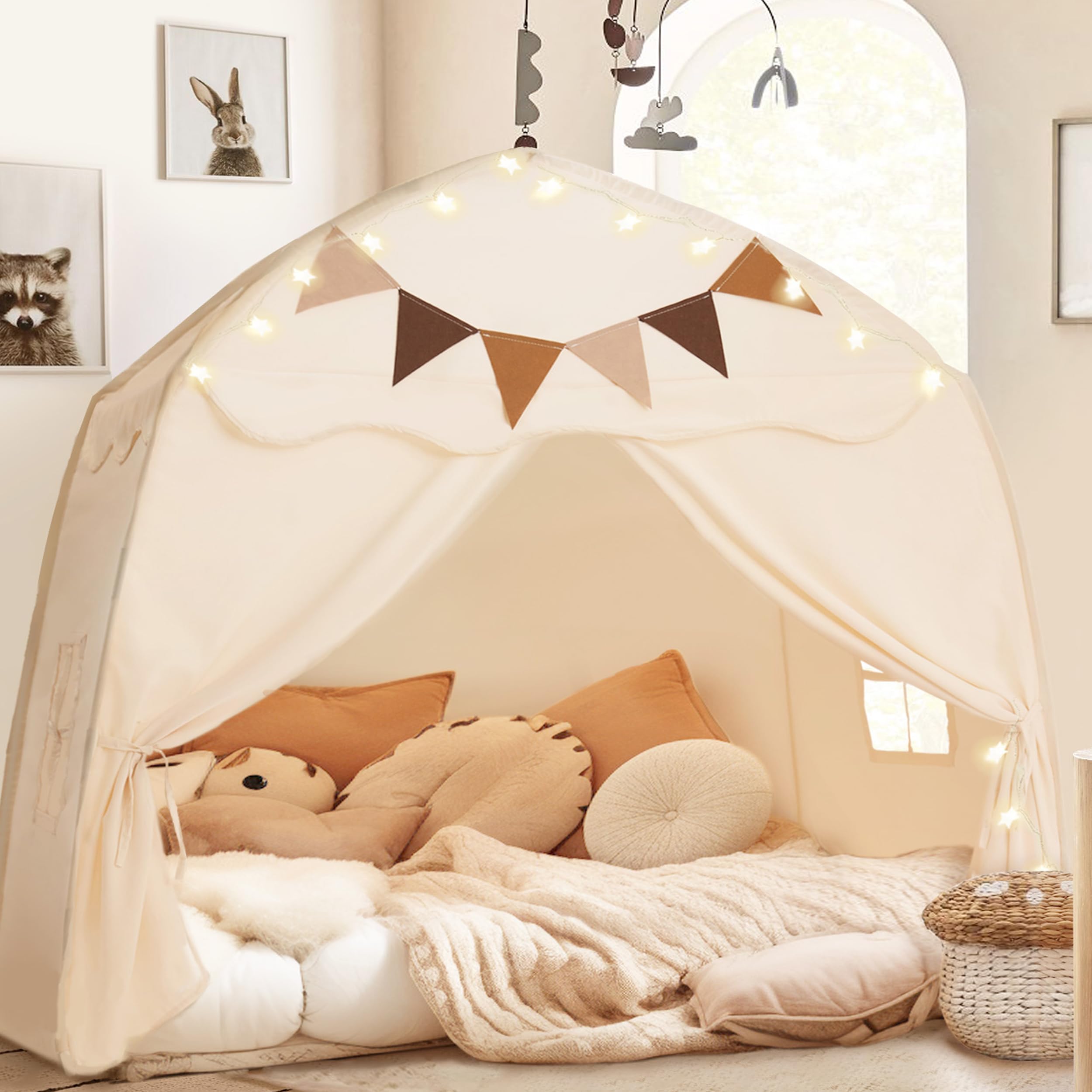 Little Dove cream tent with decorative string lights for cozy play atmosphere