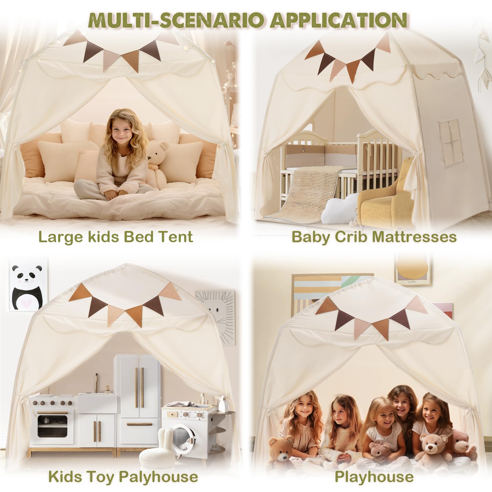 Little Dove cream tent featuring flags and star lights for festive playtime