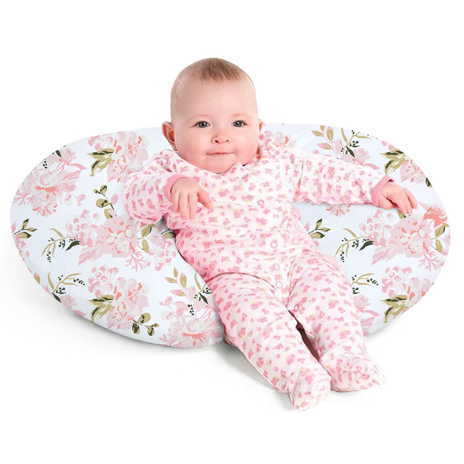 Little Grape Land nursing pillow with rose floral cover for comfortable feeding sessions.