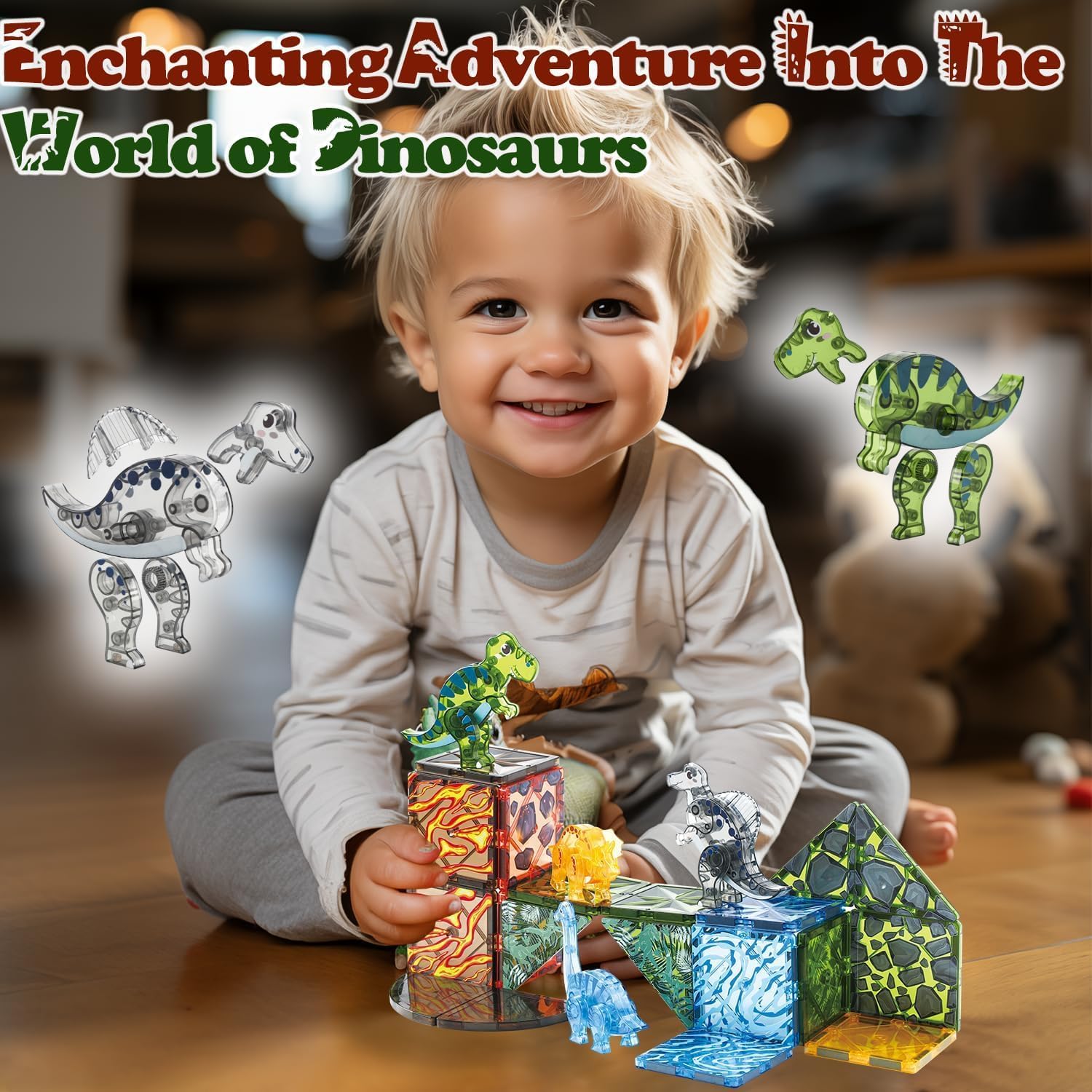 Little Pi's dino build with magnets fostering creative construction.