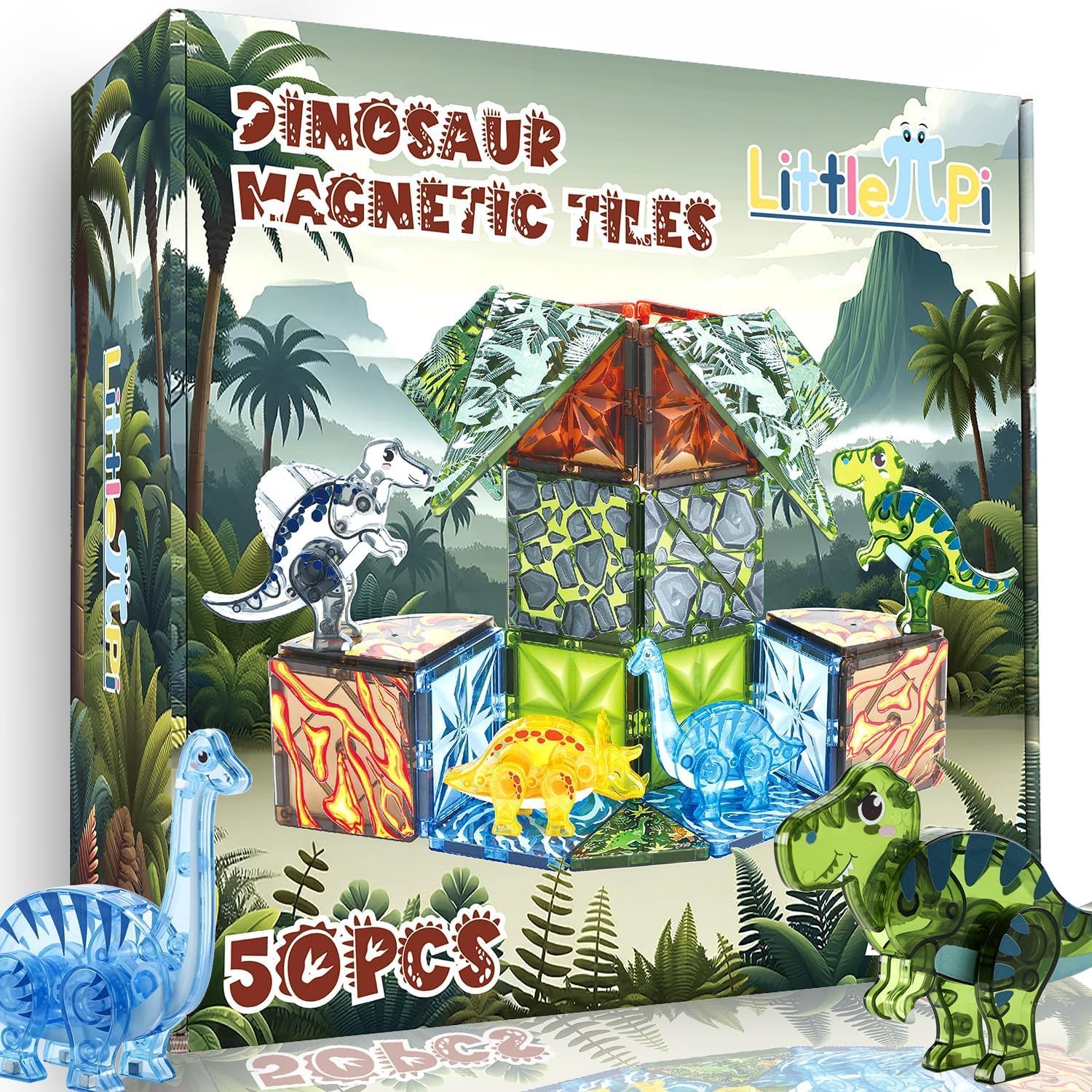 Little Pi magnetic tiles dinosaur set for imaginative play and STEM learning.