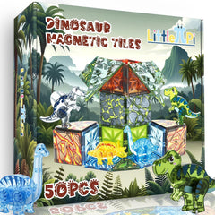 Little Pi magnetic tiles dinosaur set for imaginative play and STEM learning.