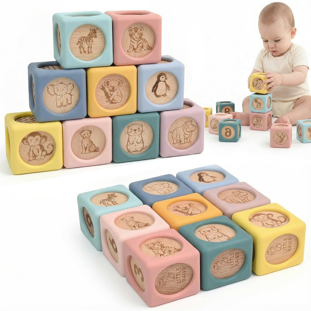 Little Rawr 9-piece stacking blocks with silicone exterior and wood inserts for safe, engaging play.