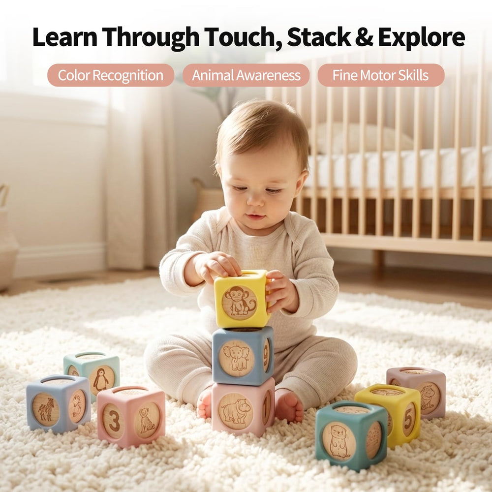 Little Rawr blocks with rounded edges prevent bumps during toddler stacking activities.