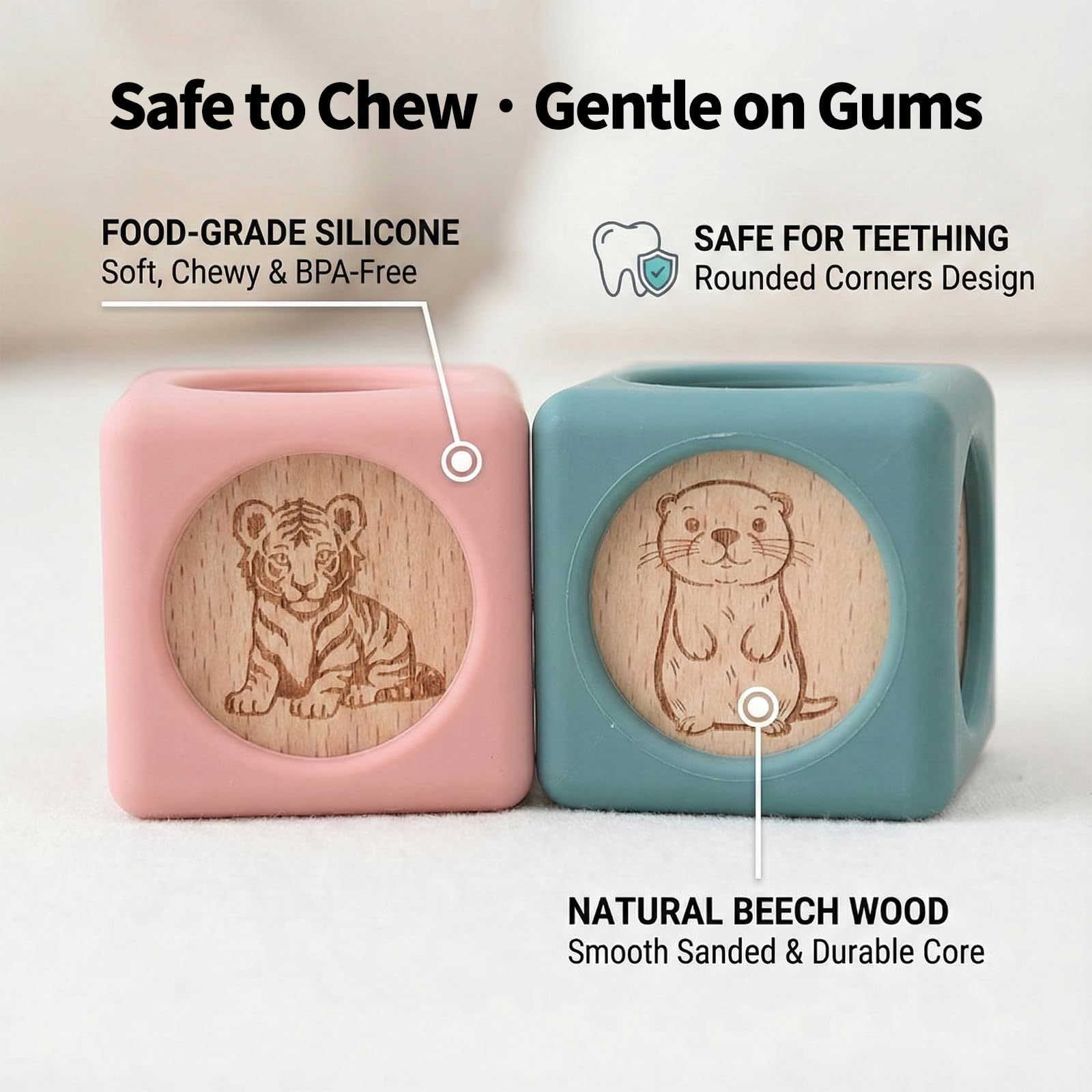 Little Rawr soft silicone exterior and solid wood core support gentle teething and stackable fun.
