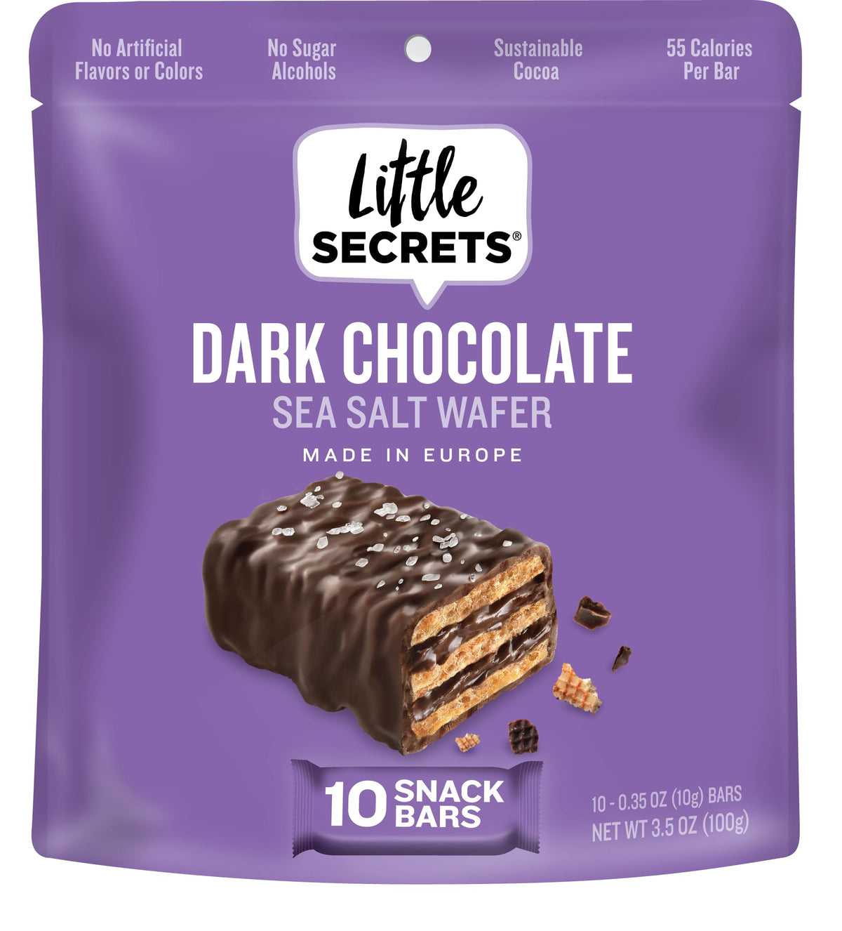 Little Secrets dark chocolate crispy wafers 60 minis pack, perfect sharing treat for an afternoon pick-me-up.