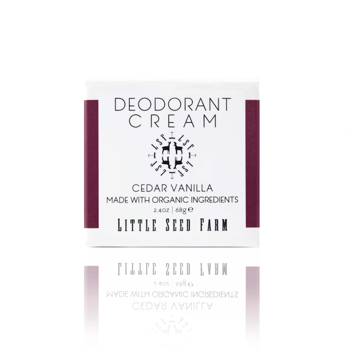 Little Seed Farm Cedar Vanilla deodorant cream jar shows natural, aluminum-free formula.