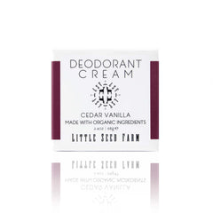 Little Seed Farm Cedar Vanilla deodorant cream jar shows natural, aluminum-free formula.
