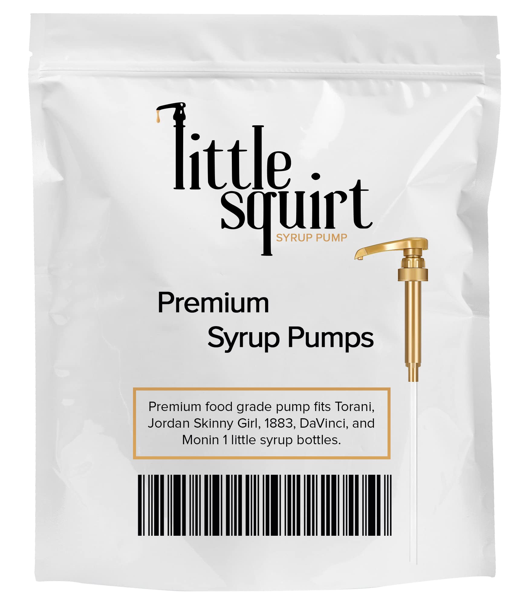 Little Squirt gold-finish syrup pump adds a professional look to drink stations.