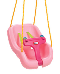 Little Tikes swing shows adjustable shoulder straps to keep baby securely in place during play.