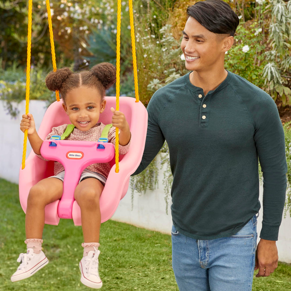  Convertible-seat swing from Little Tikes supports toddler use as the child grows.