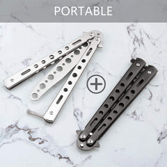 Little World Butterfly Knife Trainer skeletonized frames reduce weight for smooth flipping.