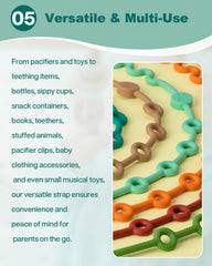 LittleHugs teether toy holder keeps toys accessible on the go.