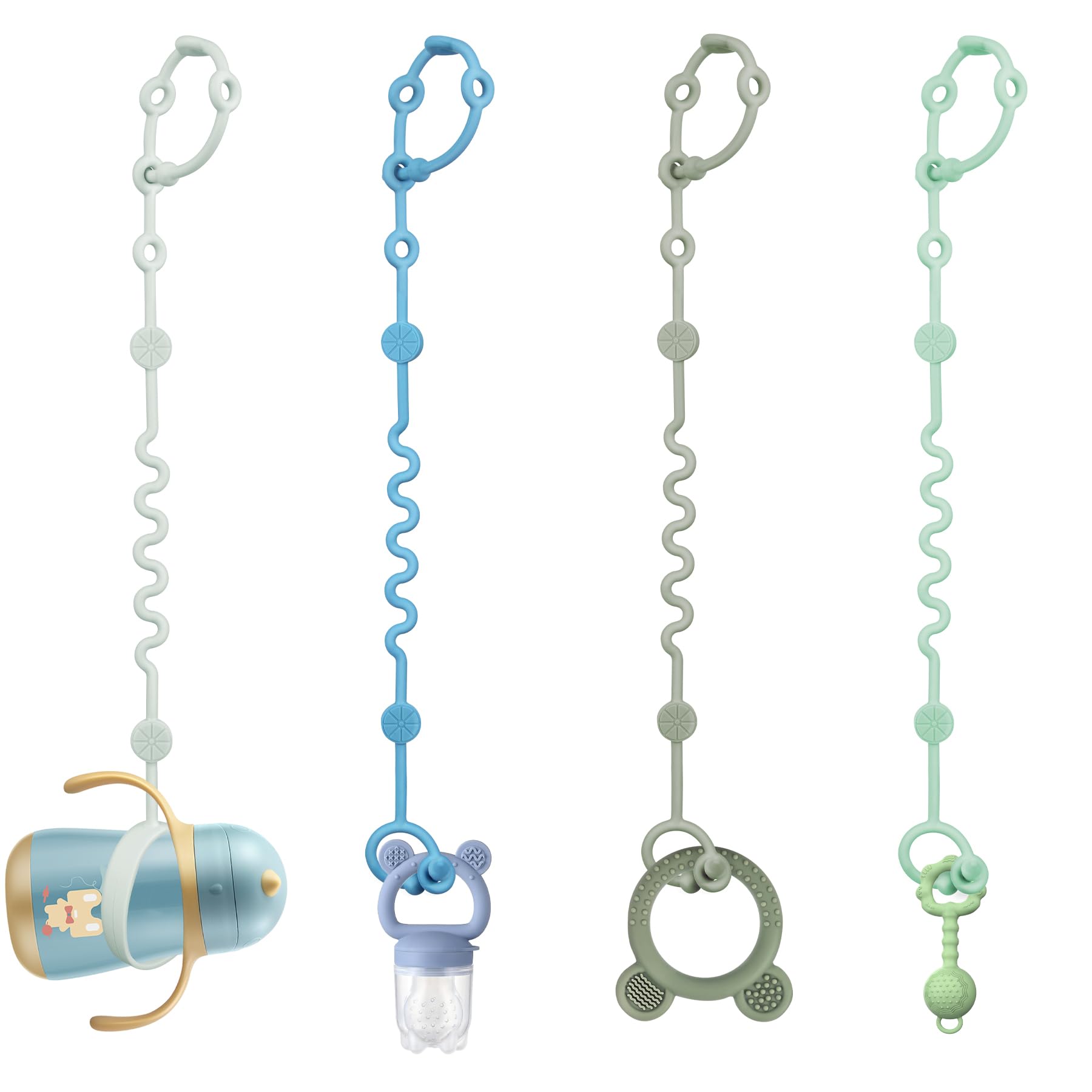 LittleHugs toy straps attached to a stroller keep toys within reach and reduce drops.