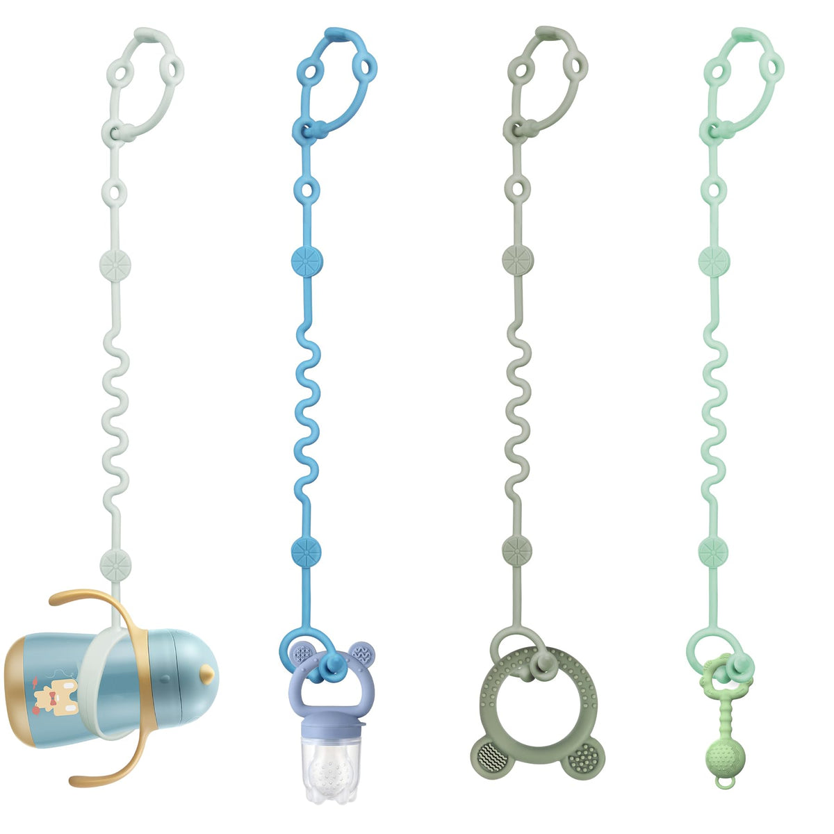 LittleHugs toy straps attached to a stroller keep toys within reach and reduce drops.