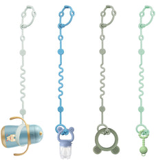 LittleHugs toy straps attached to a stroller keep toys within reach and reduce drops.