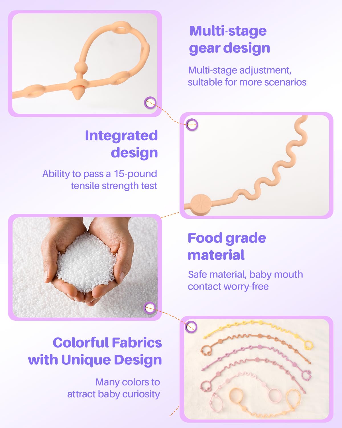 LittleHugs green strap secures teether for on-the-go soothing.