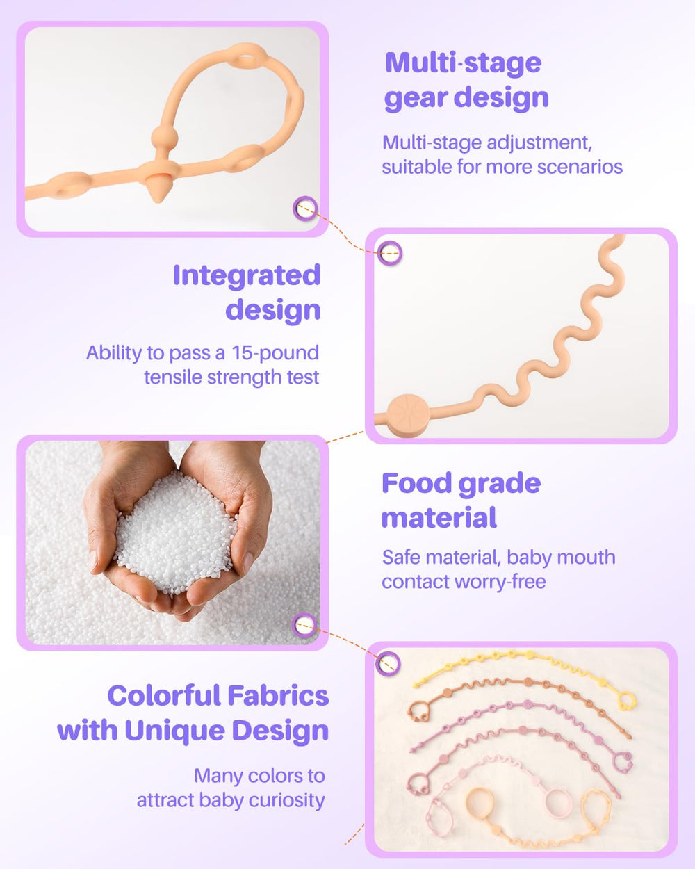 LittleHugs green strap secures teether for on-the-go soothing.
