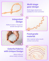LittleHugs green strap secures teether for on-the-go soothing.